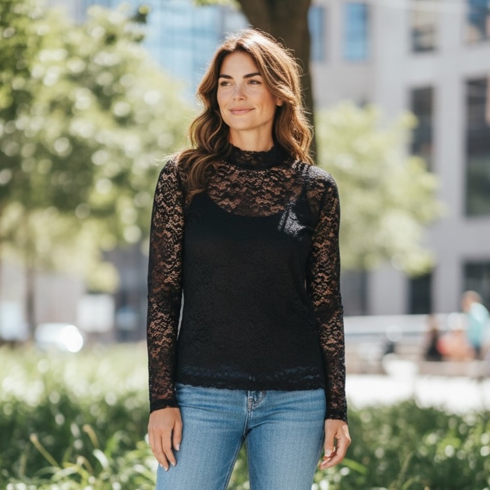 Free People Intimately Black Lace Long Sleeve Sheer Top